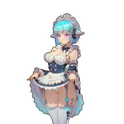 Rule 34 | 1girl, alternate costume, android, android mk.99, angry, apron, blue hair, blush, bow, detached collar, detached sleeves, disgust, emblem, female focus, frills, frown, guardian tales, highres, insignia, joker.z, leggings, maid, maid apron, maid headdress, no panties, pink eyes, pout, pussy, robot girl, short hair, solo, thighhighs, underwear, white background, white leggings, white thighhighs