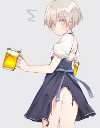 Rule 34 | 10s, 1girl, ^^^, alcohol, anchor symbol, ass, beer, beer mug, blue eyes, brown hair, cup, dirndl, dress, embarrassed, from behind, german clothes, highres, holding, kantai collection, looking back, mug, no panties, pitcher (container), pleated skirt, ribbon, short hair, simple background, skirt, solo, soukou makura, sweatdrop, torn clothes, torn skirt, waitress, z1 leberecht maass (kancolle)