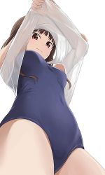 Rule 34 | 1girl, arms up, blue one-piece swimsuit, blunt bangs, breasts, brown eyes, brown hair, closed mouth, commentary, covered navel, dot nose, from below, highres, hiroki (yyqw7151), iino miko, kaguya-sama wa kokurasetai ~tensai-tachi no renai zunousen~, lifting own clothes, light frown, looking at viewer, looking down, one-piece swimsuit, see-through, simple background, small breasts, solo, standing, sweatdrop, swimsuit, thighs, upshirt, white background