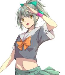 Rule 34 | 10s, 1girl, bad id, bad pixiv id, bow, brown eyes, crop top, crop top overhang, grey hair, hair bow, hiki-wota, kantai collection, midriff, navel, open mouth, personification, ponytail, salute, school uniform, serafuku, short hair, sketch, skirt, solo, yuubari (kancolle)