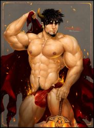 Rule 34 | 1boy, abs, armpit hair, bara, bare pectorals, beard, bulge, cape, collaboration, crimsonblood, embers, facial hair, feet out of frame, flaccid, glowing, glowing sword, glowing weapon, highres, holding, holding sword, holding weapon, horns, impossible clothes, large pectorals, leg hair, loincloth, long sideburns, male focus, male pubic hair, male underwear, mature male, muscular, muscular male, navel, navel hair, nipples, original, pectorals, pubic hair, pubic hair peek, red cape, red male underwear, revealing clothes, rumlockerart, short hair, sideburns, solo, stomach, stubble, sword, thick thighs, thighs, torn cape, torn clothes, veins, weapon