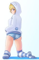 Rule 34 | 10s, 1girl, ass, back, blonde hair, cameltoe, feet, finalcake, from behind, full body, glasses, gradient background, highres, hikiotani ito, hood, hoodie, looking back, mappa (company), panties, punch line, punchline, purple eyes, short hair, solo, striped clothes, striped legwear, striped panties, striped thighhighs, thighhighs, underwear