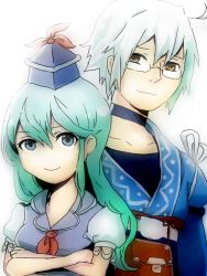Rule 34 | 1boy, 1girl, ahoge, aqua hair, ascot, bad id, bad pixiv id, blue eyes, choker, collarbone, couple, crossed arms, glasses, hat, height difference, hetero, kamishirasawa keine, light smile, morichika rinnosuke, no nose, pouch, puffy short sleeves, puffy sleeves, short sleeves, silver hair, simple background, touhou, yellow eyes, yuichiitan