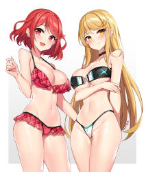 Rule 34 | 2girls, bare arms, bare shoulders, bikini, black bikini, black choker, blonde hair, breasts, choker, cleavage, closed mouth, frilled bikini, frills, grey background, highres, large breasts, long hair, looking at viewer, multiple girls, mythra (xenoblade), navel, open mouth, plaid, plaid bikini, pyra (xenoblade), red bikini, red eyes, red hair, short hair, simple background, smile, stomach, swimsuit, thighs, white bikini, xenoblade chronicles (series), xenoblade chronicles 2, yellow eyes, yuxian youka