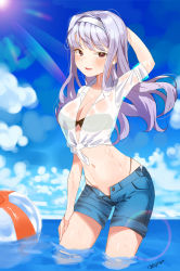 Rule 34 | 1girl, absurdres, arm up, bad id, bad pixiv id, ball, bandeau, beachball, bikini, bikini top only, breasts, cleavage, dr poapo, front-tie top, hairband, highres, idolmaster, idolmaster (classic), lens flare, long hair, looking at viewer, midriff, navel, open fly, open mouth, parted lips, red eyes, shijou takane, shirt, shorts, silver hair, smile, solo, sunlight, swimsuit, tied shirt, wading, wet, wet clothes, wet shirt