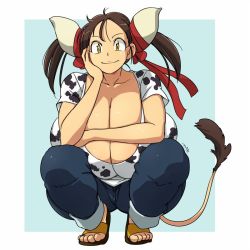 Rule 34 | 1girl, animal print, breast rest, breasts, breasts on lap, brown hair, cleavage, commentary request, cow girl, cow horns, cow print, cow tail, gigantic breasts, grey horns, hand on own cheek, hand on own face, hataraki ari, horns, looking at viewer, original, ribbon, sandals, skindentation, smile, solo, squatting, sukimi, tail, tail raised, twintails, yellow eyes