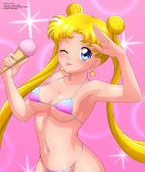 Rule 34 | 1girl, absurdres, bikini, bishoujo senshi sailor moon, blonde hair, blue bikini, blue eyes, blush, bow, bowtie, breasts, bubble background, cleavage, collarbone, crescent, crescent earrings, double bun, earrings, food, hair bun, highres, holding, ice cream, ice cream cone, jewelry, large breasts, long hair, looking at viewer, micro bikini, navel, pink background, pink bikini, red neckwear, salute, smile, standing, star (symbol), star earrings, swimsuit, tongue, tongue out, tsukino usagi, twintails, wink, zel-sama