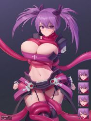 Rule 34 | 1girl, absurdres, aisha landar, alternate breast size, arms at sides, black background, blush, breasts, cleavage, closed mouth, clothes lift, cowboy shot, elsword, frown, hantata, highres, huge breasts, large breasts, legs together, looking at viewer, medium hair, midriff, miniskirt, navel, panties, purple eyes, purple hair, purple panties, purple thighhighs, restrained, simple background, skirt, skirt lift, solo, standing, tentacles, thigh gap, thigh strap, thighhighs, thighs, underwear, void princess (elsword)