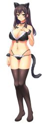Rule 34 | 1girl, animal ears, bell, bikini, black hair, black thighhighs, breasts, cat ears, cat tail, collar, full body, game cg, highres, jk bitch sannin musume!, large breasts, long hair, looking at viewer, navel, neck bell, nishizawa shizuku, smile, solo, swimsuit, tail, thighhighs, transparent background, yellow eyes
