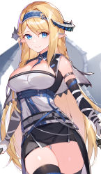 Rule 34 | 1girl, absurdres, arknights, arm strap, bad id, bad pixiv id, bare shoulders, belt, between breasts, black skirt, blonde hair, blue eyes, blue hairband, blue necktie, breasts, cleavage, commentary, cowboy shot, elbow gloves, gloves, gluteal fold, hair between eyes, hairband, highres, horns, large breasts, long hair, looking at viewer, necktie, necktie between breasts, pointy ears, revision, rikoma, saileach (arknights), simple background, skirt, smile, solo, standing, thighhighs, thighs, white background