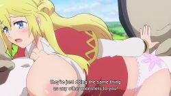 Rule 34 | 1girl, animated, anime screenshot, ass, bent over, bestiality, between breasts, blonde hair, blue eyes, breasts, breasts out, cleavage, cow, cunnilingus, cunnilingus through clothes, enome, face to breasts, forced, futoku no guild, highres, huge breasts, jacket, long hair, long sleeves, mature female, nipples, no bra, one eye closed, open clothes, open mouth, open shirt, oral, orange jacket, panties, pink panties, rape, shirt, sidelocks, sound, tagme, tearing up, thighs, underwear, video, white shirt
