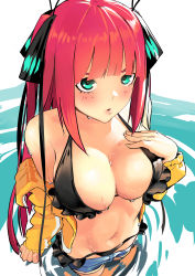 Rule 34 | 1girl, absurdres, aqua eyes, asiamaster, bare shoulders, bikini, black bikini, blunt bangs, blush, breasts, cleavage, commentary request, denim, denim shorts, frilled bikini, frills, go-toubun no hanayome, hair ornament, hair ribbon, halterneck, highres, large breasts, long hair, looking at viewer, nakano nino, navel, open mouth, partially submerged, red hair, ribbon, short shorts, shorts, solo, swimsuit, wading, water, water drop, wet