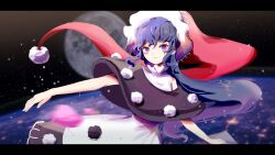 Rule 34 | 1girl, :3, black capelet, black dress, blue eyes, blue hair, blush, book, cake mogo, capelet, closed mouth, commentary, cowboy shot, doremy sweet, dress, earth (planet), hat, highres, holding, holding book, letterboxed, long hair, looking at viewer, moon, nightcap, planet, pom pom (clothes), red hat, sleeveless, sleeveless dress, smile, solo, space, symbol-only commentary, touhou, turtleneck, two-tone dress, very long hair, white dress