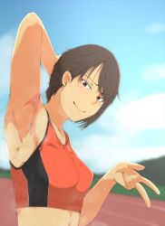 Rule 34 | 1girl, arm behind head, arm up, armpits, bare arms, bare shoulders, black eyes, black hair, blue sky, blurry, blurry background, blush, breasts, closed mouth, cloud, collarbone, day, hand on own head, highres, medium breasts, midriff, milele, original, outdoors, short hair, sky, smile, solo, sports bra, sweat, track and field, two-tone sports bra, upper body