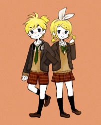 Rule 34 | 1boy, 1girl, black legwear, blush stickers, bow, bowtie, braid, brother and sister, full body, green bow, green bowtie, green necktie, hair ornament, hairclip, hand in pocket, headphones, headphones around neck, hoshimura sora, kagamine len, kagamine rin, leg up, loafers, locked arms, looking at viewer, necktie, orange background, plaid, plaid skirt, shoes, short hair, short twintails, shorts, siblings, skirt, smile, standing, standing on one leg, twin braids, twins, twintails, vocaloid