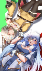 Rule 34 | 2girls, animal ear fluff, animal ears, blue eyes, breasts, cleavage, grey hair, head wings, highres, large breasts, looking at another, melia antiqua, multiple girls, nia (xenoblade), sabanomi soni, small breasts, thigh strap, wings, xenoblade chronicles (series), xenoblade chronicles 3, yellow eyes