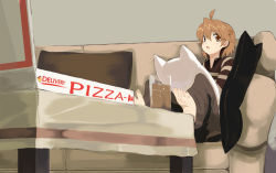 Rule 34 | ahoge, bad id, bad pixiv id, barefoot, couch, feet, food, from below, glass, original, pizza, shiromiso, striped
