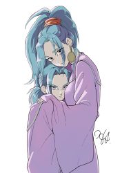 Rule 34 | 1boy, 1girl, absurdres, blue hair, brother and sister, chrono trigger, closed mouth, dress, earrings, highres, hikari shibata, janus zeal, jewelry, long hair, looking at viewer, ponytail, purple eyes, schala zeal, siblings, simple background, white background