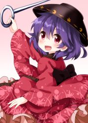 Rule 34 | 1girl, black hat, bowl, bowl hat, crescent print, frilled kimono, frills, from side, hair between eyes, hat, highres, holding, holding needle, japanese clothes, kimono, leaf print, long sleeves, looking at viewer, medium hair, needle, needle sword, open mouth, pink background, purple hair, red eyes, red kimono, ruu (tksymkw), simple background, smile, solo, standing, sukuna shinmyoumaru, touhou, wide sleeves