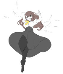 Rule 34 | 10s, 1girl, :d, breasts, brown eyes, brown hair, dress, eu03, gatchaman crowds, high-waist skirt, highres, ichinose hajime, large breasts, long hair, looking at viewer, open mouth, pantyhose, short sleeves, simple background, skirt, smile, solo, v, white background