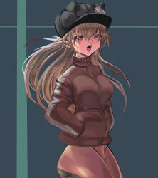 Rule 34 | 1girl, absurdres, alternate breast size, artist request, ass, baseball cap, blue eyes, bodysuit, bodysuit under clothes, breasts, brown hair, curvy, evangelion: 3.0 you can (not) redo, hair between eyes, hands in pockets, hat, highres, jacket, large breasts, long hair, neon genesis evangelion, open mouth, plugsuit, rebuild of evangelion, red bodysuit, simple background, solo, souryuu asuka langley, track jacket, wide hips