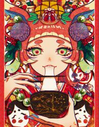 Rule 34 | 1girl, absurdres, akari botan, animal ears, blue nails, blunt bangs, bowl, chinese zodiac, eating, fish, green eyes, highres, jewelry, looking at viewer, necklace, new year, original, rabbit ears, red eyes, short eyebrows, solo, upper body, year of the rabbit