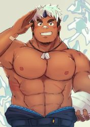 Rule 34 | 1boy, abs, akiha gongen (housamo), ball, bandaid, bandaid on face, bandaid on nose, bara, belt, blush, brown eyes, dark-skinned male, dark skin, face, facial hair, facial scar, goatee, grin, highres, holding, horns, large pectorals, male focus, multicolored hair, muscular, muscular male, navel, nipples, pectorals, rugby ball, salute, scar, scar across eye, scar on cheek, scar on face, short hair, sideburns, single horn, smile, solo, stomach, tatatan (ts kon2), thick eyebrows, tokyo houkago summoners, topless male, two-tone hair, white hair