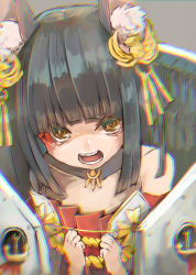 Rule 34 | 1girl, angry, animal ear fluff, animal ears, azur lane, bare shoulders, black hair, blunt bangs, brown eyes, choker, chromatic aberration, collarbone, commentary request, detached sleeves, dress, fox ears, hair ornament, japanese clothes, long hair, looking at viewer, nagato (azur lane), nyucha, open mouth, red dress, solo, strapless, strapless dress, tears, teeth, upper body, very long hair, yellow eyes