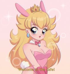 Rule 34 | 1990s (style), 1girl, animal ears, bare shoulders, blonde hair, blush, bow, bowtie, breasts, bubble background, chellyko, cleavage, collarbone, crown, detached collar, earrings, gloves, highres, jewelry, large breasts, leotard, long hair, looking at viewer, mario (series), nintendo, open mouth, pantyhose, pink background, pink bow, pink bowtie, pink gloves, pink leotard, pink pantyhose, playboy bunny, princess peach, rabbit ears, rabbit girl, rabbit tail, retro artstyle, sleeveless, smile, super mario bros. 1