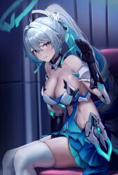 Rule 34 | 1girl, absurdres, armor, armpit crease, bare shoulders, black gloves, blue dress, breasts, bright pupils, bronya zaychik, bronya zaychik (herrscher of truth), bronya zaychik (herrscher of truth) (cosplay), bronya zaychik (silverwing: n-ex), cleavage, clothing cutout, cosplay, detached collar, dress, drill hair, earrings, embarrassed, faulds, gloves, grey eyes, grey hair, grin, hair ornament, halo, hand up, highres, honkai (series), honkai impact 3rd, jewelry, large breasts, long hair, looking at viewer, multicolored hair, pink pupils, ponytail, revealing clothes, revision, short dress, shoulder armor, side cutout, sidelocks, sitting, smile, solo, soy chicken, stomach cutout, strapless, strapless dress, sweatdrop, thighhighs, thighs, two-tone hair, v-shaped eyebrows, very long hair, white thighhighs, zettai ryouiki