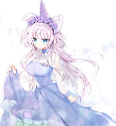 Rule 34 | 1girl, animal ears, blue dress, blue eyes, blush, brave girl ravens, breasts, character request, dress, fingernails, flower, hair between eyes, hair flower, hair ornament, hand up, highres, horns, large breasts, long hair, long sleeves, looking at viewer, parted lips, puffy long sleeves, puffy sleeves, purple flower, purple rose, rose, satsuki misuzu, see-through, see-through sleeves, signature, silver hair, simple background, single horn, skirt hold, solo, star (symbol), unicorn girl, very long hair, white background