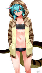 Rule 34 | 10s, 1girl, animal hood, bikini, black bikini, breasts, bright pupils, closed mouth, collarbone, cowboy shot, expressionless, hair between eyes, hands in pockets, happa (cloverppd), head tilt, highres, hood, hood up, hoodie, kemono friends, legs apart, lips, long sleeves, navel, open clothes, open hoodie, parted lips, scales, short hair, sidelocks, signature, simple background, slit pupils, small breasts, solo, standing, stomach, strapless, swimsuit, tail, thighs, tsuchinoko (kemono friends), tsurime, tube top, underboob, white background