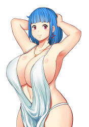 Rule 34 | 1girl, alternate costume, arm behind head, armpits, azur lane, blue hair, blunt bangs, blush, borrowed character, breasts, collarbone, cosplay, earrings, hair behind ear, highres, huge breasts, jewelry, looking to the side, navel, necklace, original, plunging neckline, revealing clothes, rina atherina, rouzille, short hair, solo, st. louis (azur lane), st. louis (azur lane) (cosplay), st. louis (luxurious wheels) (azur lane), star (symbol), star earrings, white background