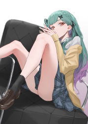 Rule 34 | 1girl, absurdres, bare legs, black ribbon, black socks, brown footwear, clothes between thighs, commentary request, earrings, gradient hair, green hair, green nails, grey skirt, hair ornament, hair ribbon, highres, hololive, jacket, jewelry, knees up, loafers, long hair, long sleeves, looking at viewer, multicolored hair, nail polish, off shoulder, own hands together, plaid, plaid skirt, purple hair, rasa k, red eyes, ribbon, school uniform, shirt, shoes, sitting, skirt, socks, solo, uruha rushia, uruha rushia (school uniform), virtual youtuber, white shirt, yellow jacket
