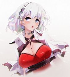 Rule 34 | artist name, blush, breasts, choker, cleavage, commentary, commission, crop top, cropped jacket, english commentary, head tilt, highres, jacket, kana yukino, large breasts, looking ahead, open mouth, original, purple eyes, short hair, white background, white hair, white jacket
