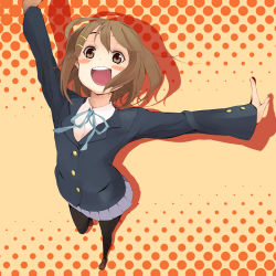 Rule 34 | 00s, 1girl, brown eyes, brown hair, female focus, foreshortening, from above, hair ornament, hairclip, halftone, halftone background, highres, hirasawa yui, ichijou tatami, k-on!, outstretched arms, pantyhose, school uniform, short hair, solo, spread arms