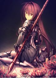 Rule 34 | 1girl, ass, bodysuit, breasts, fate/grand order, fate (series), feet, flower, from behind, kawanakajima, kneeling, large breasts, long hair, looking at viewer, looking back, no shoes, parted lips, polearm, purple hair, red eyes, red hair, scathach (fate), scathach (fate), sitting, soles, solo, spear, spider lily, toes, wariza, weapon