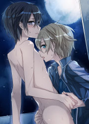 Rule 34 | 2boys, anal, anal fingering, ass, black hair, blonde hair, blue eyes, blush, clothed male nude male, completely nude, eugeo, fingering, grey eyes, jacket, jianmo sl, kirito, looking at viewer, male focus, male penetrated, moon, multiple boys, night, nude, open collar, shirt, sky, star (sky), sweat, sword art online, tears, yaoi