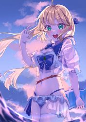 Rule 34 | 1girl, absurdres, ahoge, artoria caster (fate), artoria pendragon (fate), bad id, bad pixiv id, bikini, blonde hair, blue bow, blush, bow, breasts, buttons, cloud, cloudy sky, collar, collarbone, fate/grand order, fate (series), green eyes, hair bow, hair ornament, hand up, highres, long hair, looking at viewer, multiple tails, navel, night, night sky, noneko127, ocean, open mouth, outdoors, panties, see-through, see-through shirt, see-through skirt, shirt, simple background, skirt, sky, small breasts, smile, solo, star (sky), swimsuit, tail, two tails, underwear, uvula, water