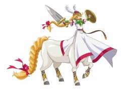 Rule 34 | 1girl, armor, belt, braid, braided tail, breastplate, centaur, dress, female focus, full body, gauntlets, great magami, helmet, highres, holding, holding shield, holding sword, holding weapon, hooves, long hair, monster girl, monsterification, serious, shield, shoulder armor, simple background, single braid, solo, sword, taur, valkyrie (vnd), valkyrie no densetsu, very long hair, weapon, white background, white dress, winged helmet