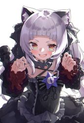 Rule 34 | 1girl, :d, animal ears, bare shoulders, black dress, blunt bangs, blush, cat ears, claw pose, dress, flat chest, frilled sleeves, frills, gothic lolita, grey hair, halterneck, highres, hololive, lolita fashion, long hair, long sleeves, looking at viewer, murasaki shion, murasaki shion (gothic lolita), namaonpa, official alternate costume, open mouth, orange eyes, simple background, smile, solo, twintails, upper body, virtual youtuber, white background