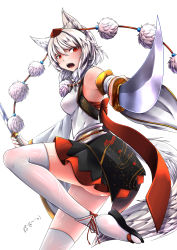 Rule 34 | 1girl, animal ears, bare shoulders, breasts, detached sleeves, dual wielding, embellished costume, fangs, foreshortening, from side, hat, highres, holding, holding sword, holding weapon, inubashiri momiji, inyuppo, jewelry, katana, leg up, looking at viewer, looking to the side, medium breasts, necklace, open mouth, pointing, pointing at viewer, pom pom (clothes), red eyes, sandals, silver hair, skirt, slit pupils, solo, sword, tail, teeth, thighhighs, tokin hat, touhou, weapon, white background, white thighhighs, wolf ears, wolf girl, wolf tail