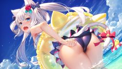Rule 34 | 1girl, adjusting clothes, adjusting swimsuit, animal ear fluff, animal ears, ass, azur lane, bell, bikini, bikini skirt, bird, blue eyes, blue sky, blush, bow, cameltoe, cat ears, cat tail, chick, cloud, commentary request, day, dutch angle, fang, flower, frilled bikini, frills, from behind, hair bow, hair flower, hair ornament, hair rings, hammann (azur lane), hammann (rebellious summer) (azur lane), horizon, innertube, izumi sai, jingle bell, leaning forward, lifebuoy, long hair, looking at viewer, looking back, ocean, open mouth, outdoors, partially submerged, partially underwater shot, ribbon, skin fang, sky, solo, standing, star (symbol), star print, swim ring, swimsuit, tail, tail bell, tail ornament, tail ribbon, tan, tanline, twintails, underwater, wading, water, white hair
