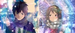 Rule 34 | 10s, 1boy, 1girl, blue eyes, blurry, blurry background, blush, brown eyes, brown hair, commentary request, diffraction spikes, eye contact, hair ribbon, highres, kimi no na wa., looking at another, miyamizu mitsuha, red ribbon, ribbon, scarf, short hair, snow, snowing, sunday-offline, tachibana taki