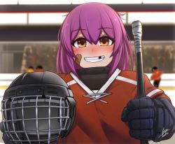 Rule 34 | 1girl, 3others, aged down, airisubaka, alternate costume, artist name, bandaid, bandaid on cheek, bandaid on face, blurry, blurry background, blush, brown eyes, commentary, hand up, helmet, hockey stick, hockey sweater, holding, ice hockey, leah (airisubaka), long hair, looking at viewer, missing tooth, multiple others, original, people, purple hair, red shirt, shirt, smile, solo