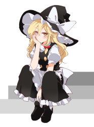 Rule 34 | 1girl, apron, black dress, black footwear, black hat, blonde hair, blush, bow, braid, breasts, brown eyes, buttons, closed mouth, dress, eyes visible through hair, frills, hair between eyes, hair bow, hand on own face, hand up, hat, hat bow, highres, ichimura kanata, kirisame marisa, long hair, looking at viewer, medium breasts, one-hour drawing challenge, puffy short sleeves, puffy sleeves, red bow, shirt, shoes, short sleeves, simple background, single braid, sitting, socks, solo, stairs, touhou, white apron, white background, white shirt, white socks, witch hat, yellow eyes