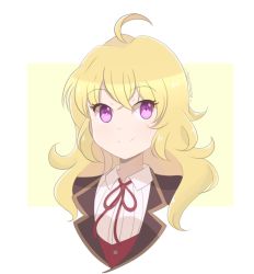 Rule 34 | 1girl, ahoge, artist name, blonde hair, border, bow, chocomiru, closed mouth, curly hair, looking at viewer, purple eyes, ribbon, rwby, school uniform, smile, solo, upper body, yang xiao long, yellow background