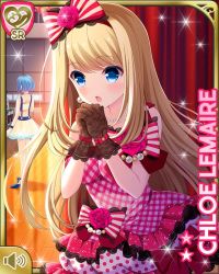 Rule 34 | 2girls, :o, blonde hair, blue eyes, bow, breathing, card, character name, chloe lemaire, dress, girlfriend (kari), indoors, long hair, multiple girls, official art, open mouth, qp:flapper, red bow, red dress, skirt, striped, striped bow, tagme