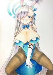 Rule 34 | 1girl, absurdres, animal ears, asuna (blue archive), asuna (bunny) (blue archive), blue archive, blue bow, blue eyes, blush, bow, breasts, brown pantyhose, collarbone, detached collar, gloves, grey background, grey hair, hair bow, hair over one eye, highres, kodebiru, large breasts, leotard, long hair, marker (medium), mole, mole on breast, official alternate costume, pantyhose, parted lips, playboy bunny, rabbit ears, sitting, smile, solo, traditional media, very long hair, white gloves