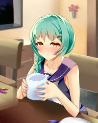 Rule 34 | 1girl, azur lane, bare shoulders, beret, blush, braid, candy, chair, collarbone, commentary request, cup, cupboard, dress, food, foote (azur lane), frown, green hair, hair between eyes, hair ornament, hairclip, hat, heart, highres, holding, holding cup, indoors, long hair, looking at viewer, monobe yuri, mug, multicolored clothes, multicolored dress, neckerchief, night, nose blush, sailor collar, sailor dress, side braid, sidelocks, single braid, sitting, sleeveless, sleeveless dress, solo, table, two-tone dress, unworn headwear, upper body, white hat, window, yellow eyes, yellow neckerchief